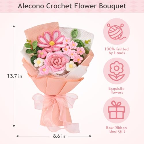 Alecono Crochet Flower Bouquet, Knitted Flowers, Pink Handmade Bouquet of Flowers for Mother's Day Anniversary Birthday Party Graduation Valentine's Day Gifts (Include Card) - color: Pink
