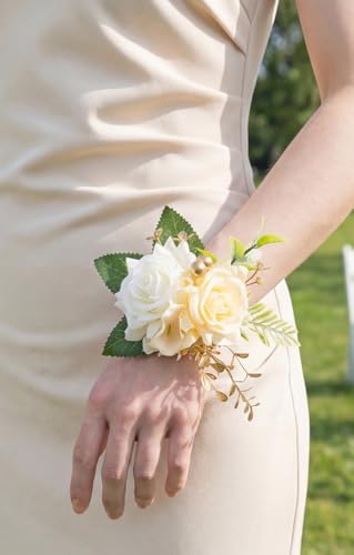 Champagne Corsage and Boutonniere Set for Wedding Prom, Artificial Rose Flower Wrist Bracelets, Homecoming Corsage Wristlet, Boutonniere for Men Wedding Suit Decorations - color: Champagne