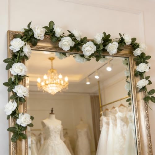 Artificial Flower Garland 90.5 Inch/230CM - Fake Roses Vines Floral Vines, Silk Faux Plastic Hanging Floral Garland for Wedding Arch, Bedroom, Home Wall, Backdrop, Outdoor & Indoor Decor (White) - color: White