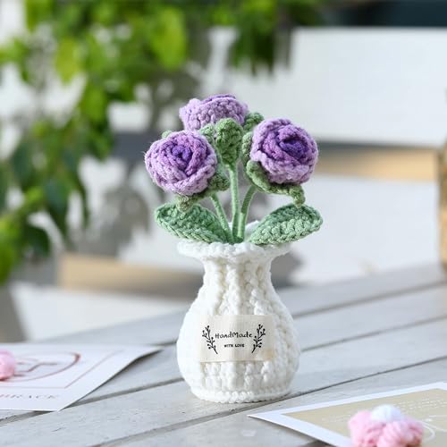 Crochet Rose Flower Potted Plant – Purple, Valentines Day Gift for Her, Handmade Knitted Romantic Desk Decor - color: D-rose-purple