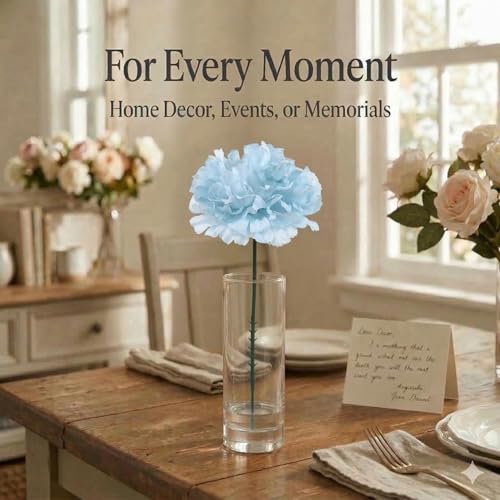 Larksilk Blue Carnations Bulk Silk Flowers, Real Touch 3.5 Inches 500 Pack | Bulk silk carnation heads with detachable stems, real-touch faux flowers for wedding, cemetery, memorial & Mother's Day - color: Blue, size: 500