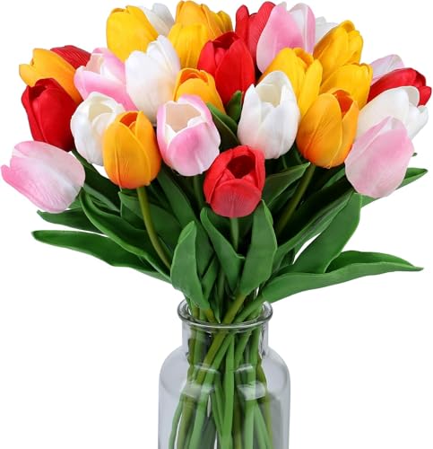 9pcs Multicolor Artificial Tulips Flowers Faux Tulip Bouquet Real Touch Flower Arrangement for Spring Easter Home Kitchen Wedding Bouquet Bulk Mother's Gift Day Decorations