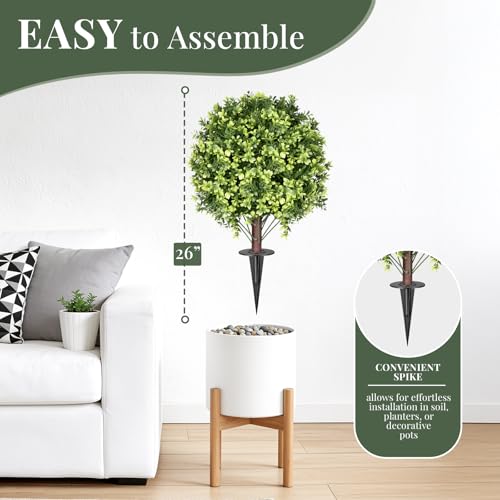 2 Pack 26 Inch Artificial Boxwood Topiary Ball Trees with Ground Spikes, UV Resistant Fake Outdoor Plants for Front Door Porch Patio Garden, Faux Boxwood Shrubs for Entryway Home Decor - color: Boxwood Topiary Ball Trees Bright Green 26