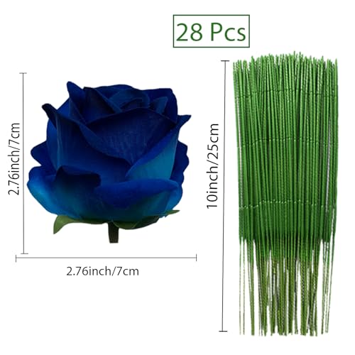 HinyoCo 28 Pcs Silk Roses Artificial Flower， Fake Roses with Stems for Wedding Bouquets Tables Centerpieces Arrangements Party Baby Shower Birthday Home Decor (Royal Blue) - color: Royal Blue