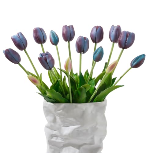 15 Pcs Artificial Flowers Tulips Real Touch Latex Plastic Soft Faux Bouquets for Party, Wedding, Home, Room, Garden Decor (Vintage Purple Blue) - color: Vintage Purple Blue