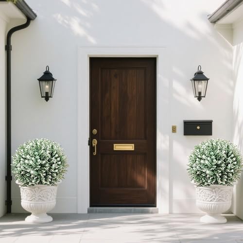THKFUL 2PCS Artificial Boxwood Topiary Ball Tree, 24" Artificial Plants Outdoor with Spike, UV Resistant Eucalyptus Gazing Balls Fake Bushes Shrubs with Spike for 4th of July Garden Patio Office Home - style: White Boxwood