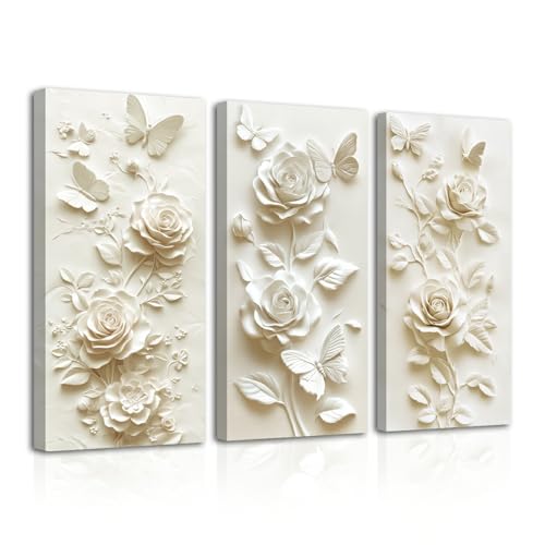 SWQYLB 3 Panel Flower Wall Art 3D Relief Floral Canvas Painting Abstract Butterfly & Rose Pictures Prints White & Beige Textured Decor for Home Framed (Beige, 16x8inchx3 Pieces) - color: Beige, size: 16x8inchx3 Pieces
