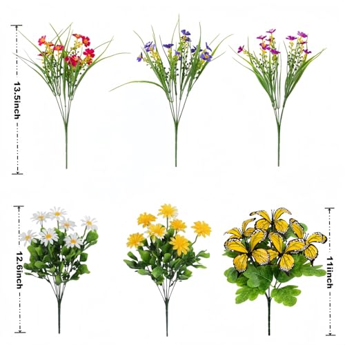 Artificial Flowers for Outdoor, 6 Bundles Mix UV Resistant Fake Flowers | No watering needed,Fade resistant,Bendable & flexible,Easy DIY freely,Maintain beauty long-term,Brighten up any space - color: 6pcs-mix