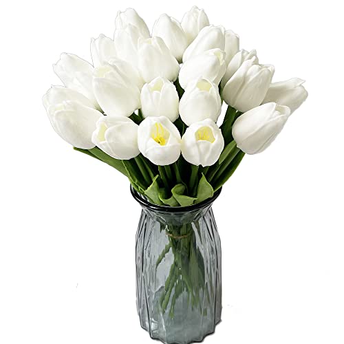 UKELER White Tulips Artificial Flowers 24 Pcs Real Touch Tulip Fake Flowers for Home Office Wedding Decor Bouquet DIY Wreath Flower Arrangement - color: White