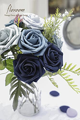 Floroom Artificial Flowers 25pcs Real Looking Dusty Blue Ombre Colors Foam Fake Roses with Stems for DIY Wedding Bouquets Bridal Shower Centerpieces Floral Arrangements Party Tables Home Decorations - color: Shades of Blue