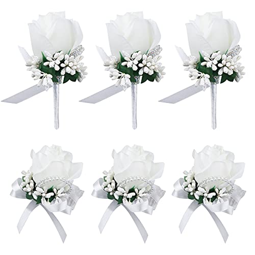 Wrist Corsage Boutonniere Set, Artificial Rose Bridesmaid Bride Wrist Corsage and Groom Men Boutonniere for Wedding Party Prom (Boutineer Corsage- White, 6 PCS) - color: Boutonniere Corsage- White, size: 6 Packs