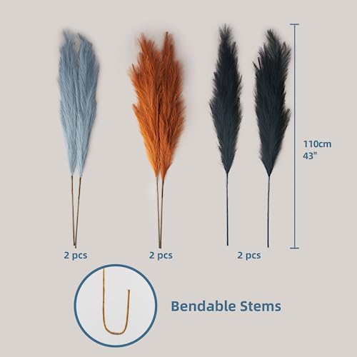 Pampas Grass Decor Tall, 43"/110cm Faux Pampas Grass 6 Stems Large Pompass Grass Branches Tall Bulk Boho Flower Arrangement for Home Room Wedding Party Decor - color: Black& Yellow Curry& Light Gray