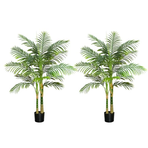 2PCS Artificial Palm Tree Indoor Plant 4FT Tall Fake Tropical Palm Tree in Pot with Real Bark Design Faux Areca Palm Tree for Home Office Living Room Bedroom Farmhouse Outdoor Decor (Black, 4FT-2PCs) - color: Black, size: 4FT-2PCS
