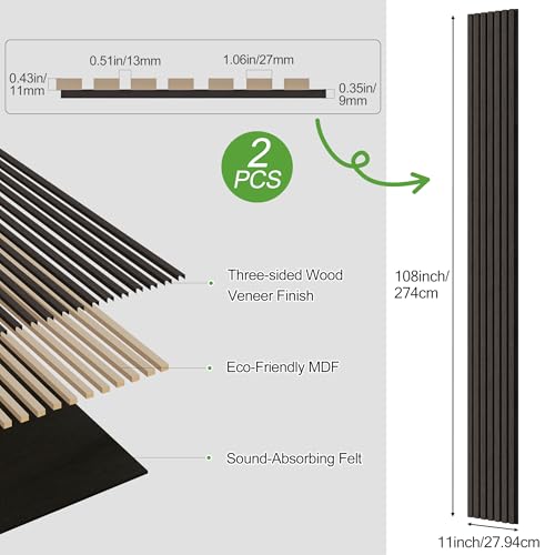 2 Pack Wood Panels for Wall, 108" x 11" Wood Slat Acoustic Panels, Acoustic Wall Panels for Interior Wall Decor, Sound Absorbing Wall Panels for Noise Reduction and Decoration, Smoky Walnut - color: Smoky Walnut, size: 2PCS-108" x 11"