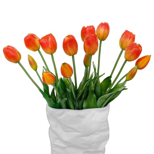 15 Pcs Orange Artificial Tulips Fake Flowers, Premium Latex Lifelike Texture, UV Resistant Waterproof Faux Tulip Bouquets with Snap-on Petals for Outdoor, Home, Wedding Decor - color: Orange