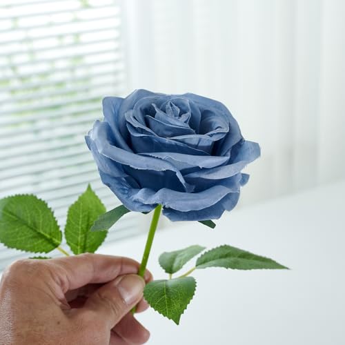50Pcs Dusty Blue Roses Artificial Flowers Artificial Silk Roses Bulk,Fake Roses Flower with Stems Realistic Flowers for Wedding Centerpiece Home Party Decor - color: 50pcs Dusty Blue