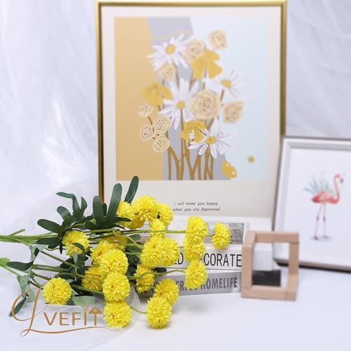 LVEFIT 10 Pcs Yellow Kiku Flower Fake Mums Long Stem Flowers,Faux Kiku Flower Bulk,Silk Flowers Mini Chrysanthemum Floral Arrangements,Artificial Flowers Chrysanth Mini Fake Flower - color: Yellow
