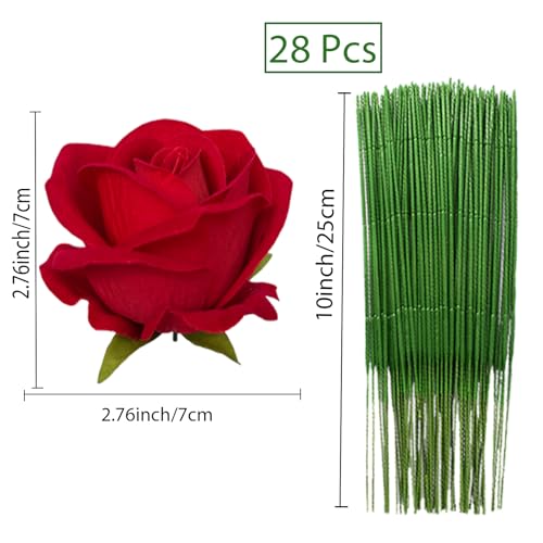 HinyoCo 28 Pcs Silk Roses Artificial Flower， Fake Roses with Stems for Wedding Bouquets Tables Centerpieces Arrangements Party Baby Shower Birthday Home Decor (Red) - color: Red