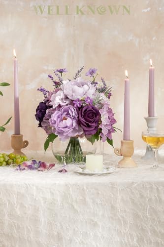 Artificial Flowers in Vase for Home Decor, Fake Lavender & Silk Peony Rose Bouquet Centerpieces in Glass Vase with Fake Water for Party Wedding Dinning Table Office Hotel Decor (Lavender Purple Mixed) - color: Lavender Mixed