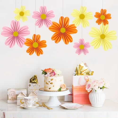 YUNXUAN Pink and Orange Party Decorations Paper Fan Paper Flowers Decorations for Wall Floral Backdrop Classroom Baby Shower Birthday Flower Wall Decor Pack of 9 Pink Orange - color: Pink and orange