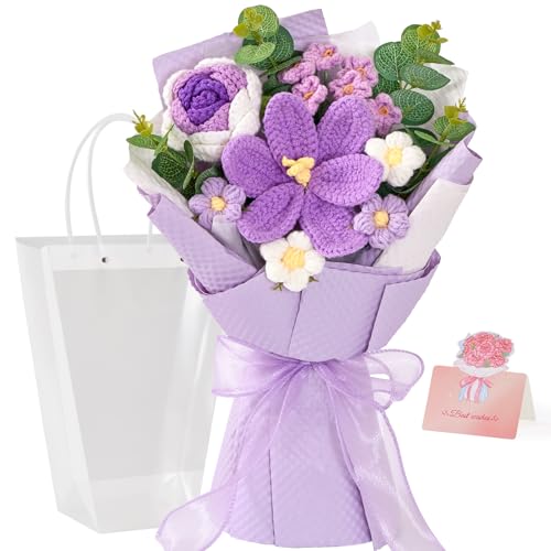 Alecono Crochet Flower Bouquet, Knitted Flowers, Purple Handmade Bouquet of Flowers for Lover Anniversary Birthday Party Mother's Day Graduation Gifts (Include Card) - color: Purple