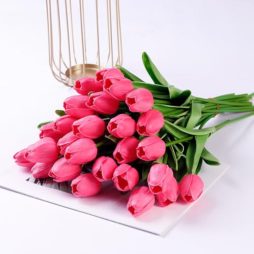 Sggvecsy 30 Pcs Fake Tulips Artificial Flowers Real Touch PU Faux Flowers Tulip Stems for Wedding Spring Bouquet Floral Arrangement Home Party Office Decorations for Mother's Day (Dark Pink) - color: Dark Pink, size: 30 Pcs