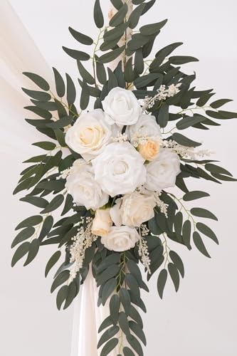 Deluxe Wedding Arch Flowers with Drapes Kit Pack of 4, 2pcs Champagne & White Sage Hanging Silk Flowers Arrangement 2pcs Chiffon Drapes for Ceremony Arbor Party Outdoor Decor - color: Champagne & White Sage