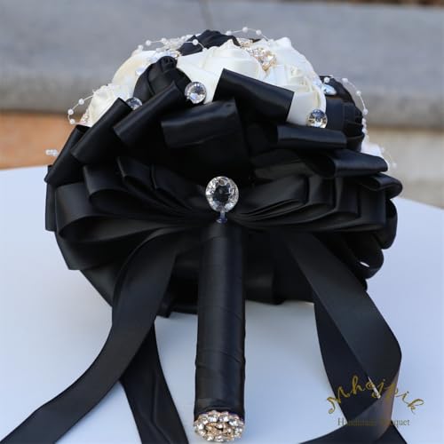 7.5" Black & Ivory Bridal Wedding Bouquet Round Holding Bouquet Throw Toss Artificial Rose Flower Bunch for Bride Bridesmaid Wedding Quinceanera - color: Black & Ivory, size: Small (Dia. 7.5"/19cm)