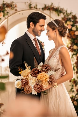 TINGE TIME Silk Fake Flowers Combo, Fake Foam Roses with Stems for DIY Wedding Bouquets Centerpieces Baby Shower Party Home Decorations(Brown & Nude Color) - color: Brown & Nude Color