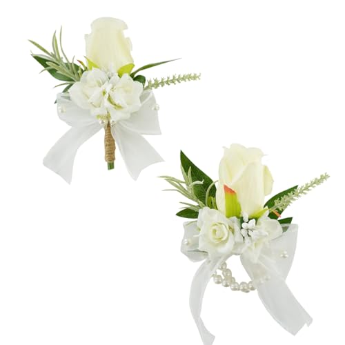 White Corsage and Boutonniere Set for Wedding Prom, Artificial Rose Flower Homecoming Corsage Wristlet, Boutonniere for Men Wedding Suit Decor - color: White