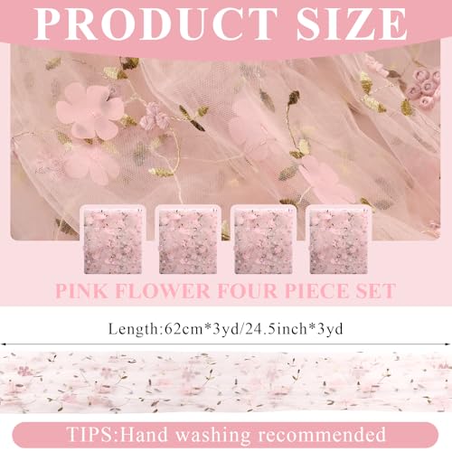 4 Pack Embroidery Floral Table Runner Rustic Spring Summer Wildflower Tulle Table Runner Vintage Flower Kitchen Dining Tabletop Runners Decoration for Home Wedding Party, 108x24.5 Inch (Pink) - color: Pink-4, size: 108*24.5 inch