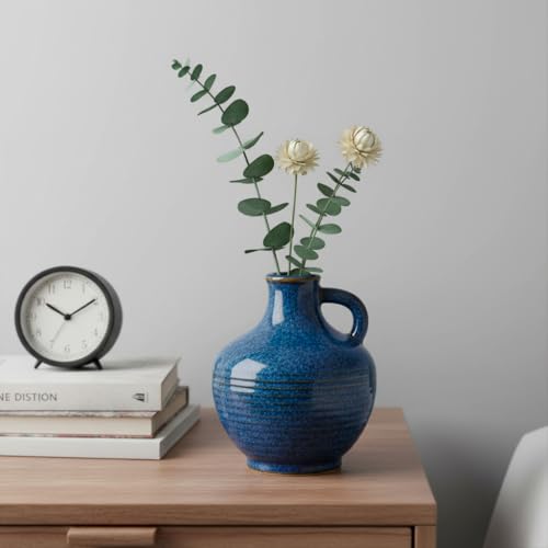 Sunddo 6 Inch Blue Ceramic Vase - Small Rustic Vases for Home Decor, Pitcher Modern Flower Vase for Bookshelf and Bathroom Decor, Nightstand, Dining, Centerpiece Table Decorations - color: Dark Blue - 6, size: 6 Inch