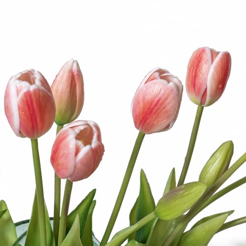 DUYONE 15Pcs Artificial Tulips Flowers, Soft Touch Realistic Latex Tulips Bouquet for Home Office Wedding Party Garden Decor, Fake Flowers for Centerpieces Dining Table Living Room Spring-B Coral Pink - color: B Style-15pcs Coral Pink (No Vase)