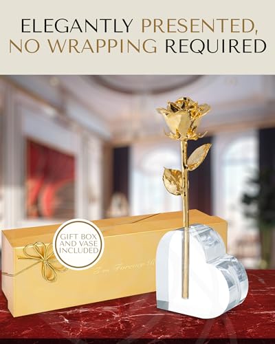 Forever Rose 24K Gold Dipped Real Rose, Handmade, Long-Lasting Preserved Flower in Acrylic Heart (One Rose) & Gold Box, Romantic Gift for Anniversary, Valentine's Day, Birthday, Wife, Girlfriend - color: Acrylic Heart Vase (1 Rose)