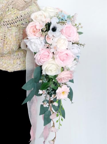 9.5 Inch Cascading Wedding Bouquet for Bride Cascade Artificial Rose Flower Bride Bridal Bouquet Rustic Boho Wedding Ceremony Anniversary Bridal Shower Light Pink - color: Light Pink