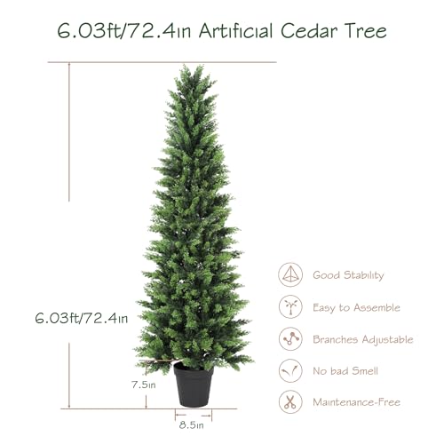 6.03ft UV Resistant Artificial Cedar Tree with Full & Soft Real Touch Leaves, 72.4in Realistic Faux Cypress Tree, Fake Topiary Trees for Front Door Proch Patio Deck Balcony Yard Decor - color: Green, size: 6ft