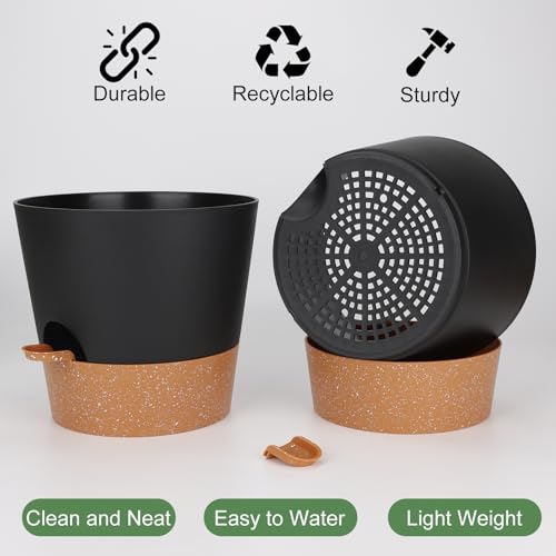 YNNICO 10-Inch Plant Pots, Self-Watering Planters with Drainage Holes & Saucers for Indoor and Outdoor Plants (2-Pack, Black) - color: Black, size: 10 inch