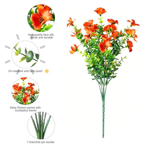 Artificial Flowers for Outdoors, 12 Bundles Fake Daisy Flowers Spring Decor, UV Resistant Faux Flower Daisy with Eucalyptus for Garden Porch Planter Box(Orange) - color: Orange