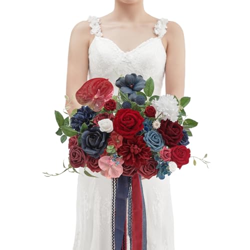 TINGE TIME 11 inch Wedding Bouquets for Bride, Burgendy Navy Artificial Flowers Bridal Bouquet, Brides & Bridesmaids Bouquet for Wedding Anniversary Ceremony Bridal Shower Decorations - color: Red&navyblue