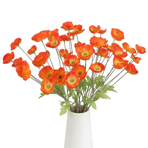 10 Pcs Artificial Poppy Flowers with 40 Heads Lifelike Silk Fake Poppies for Vase Faux Poppies with Stem for Spring Wedding Home Table Centerpiece Baby Shower Veterans Day Decorations (Orange) - color: Orange