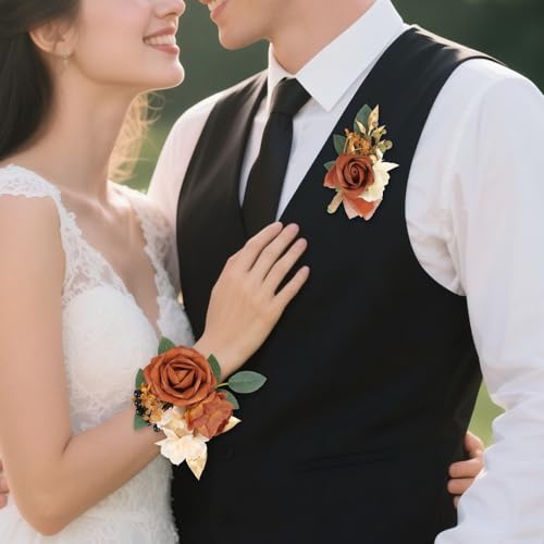 2Pcs Wedding Corsage and Boutonniere Set Orange Rose Corsage Wristlet and Boutonniere for Men Women Groom Bride Bridesmaid Groomsmen Wedding Party Accessory Prom Decoration (Orange) - color: Orange