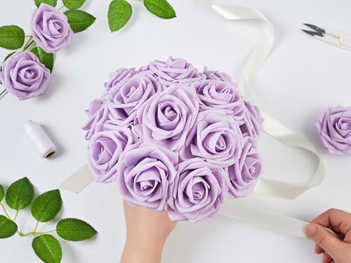 16 Pcs Fake Purple Roses Artificial Flowers | Purple Foam Roses with Stems, Artificial Flowers for DIY Wedding Bouquets, Centerpieces, Party, Home Decor - color: Purple