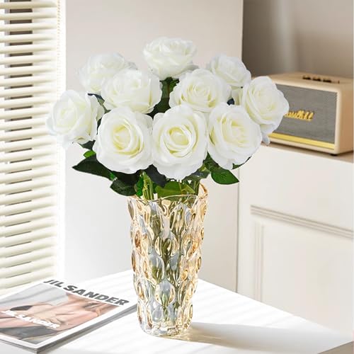 10 Pcs White Rose Artificial Flower, Faux Silk Flowers With Long Stems, Fake Roses Bulk Bouquet for Decoration Valentine's Day Centerpieces Proposal Bridal Bouquets Shower Party Home Floral Decor - color: White