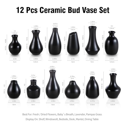 Black Ceramic Bud Vase Set of 12 Glossy Modern Flower Vases | Elegant mini ceramic vases for home decor, wedding centerpieces, dining tables, shelves and modern interior styling - color: Black - 12 Pcs