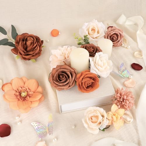 Terracotta Artificial Flowers Fake Roses with Stems Burnt Orange Floral Arrangements Bouquet of Flowers for Centerpieces Bridal Shower Party Home Fall Wedding Decor - color: Orange