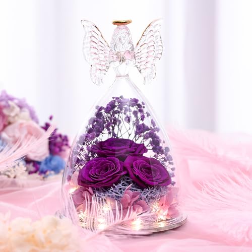 Mothers Day Rose Gifts for Women Preserved Real Flower in Glass Angel Figurines Roses for Delivery Prime Birthday Gifts for Mom Grandma Girlfriend Wife Her, Full Purple - color: Purple Pur