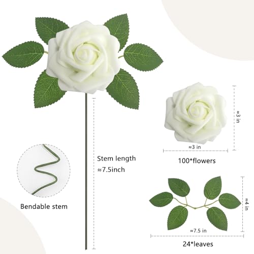 100PCS Ivory Realistic Roses - Artificial Latex Foam Flowers with Bendable Stems & 24PCS Leaves for Wedding, Home and Party DIY Decor - color: Ivory, size: 100