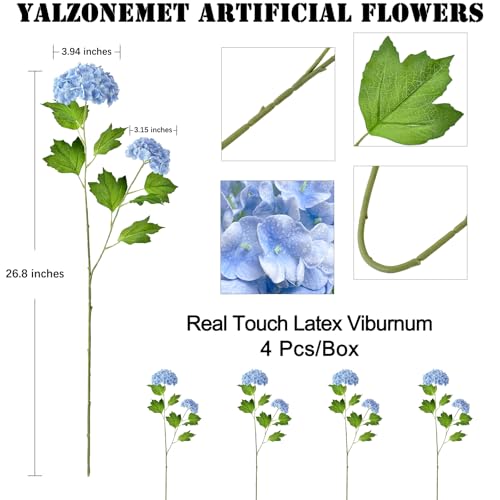 YalzoneMet 4 Pcs Artificial Snowball Viburnum Hydrangea Flower 26.8'' Blue Small Real Touch Faux Latex Long Stem for Christmas Home Decoration Xmas Table - color: Sky Blue