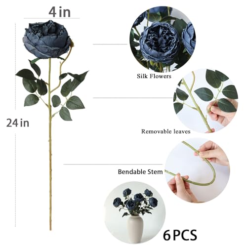 mizii 6Pcs Burnt Blue Artificial Roses Flowers Fake Silk Roses Flower with Long Stem for Wedding Decorations Table Centerpieces Flower Arrangement Home Decor (Burnt Blue) - color: Burnt Blue