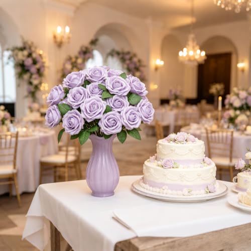 Artificial Flowers, 25pcs Artificial Rose for DIY Wedding Bouquets Centerpieces Arrangements, Purple Foam Rose with Stem for Bridal Shower Party Home Decorations - color: Purple, size: 25pcs